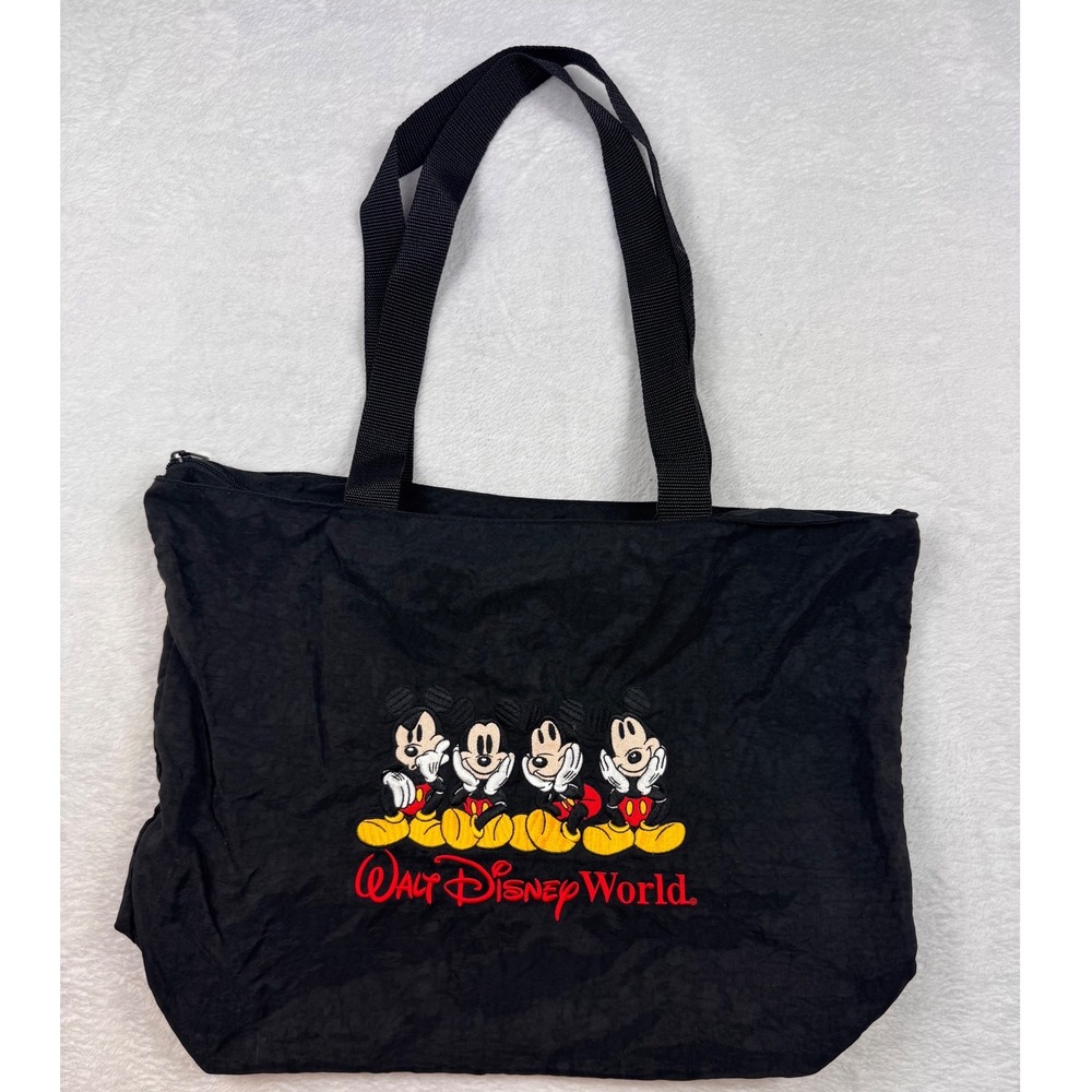 Disney Mickey Mouse Walt Disney World Black Nylon Zipper Tote Bag Embroidered